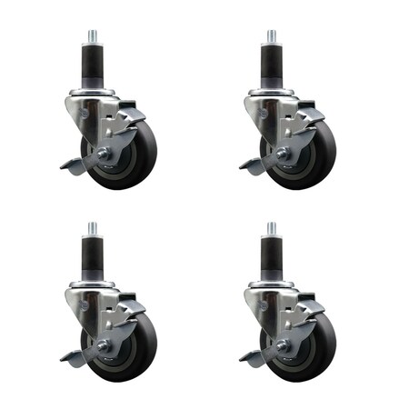 Service Caster 3.5'' SS Thermoplastic Rubber Swivel 1-1/4'' Expanding Stem Caster Set with Brake, 4PK SCC-SSEX20S3514-TPRB-TLB-114-4
